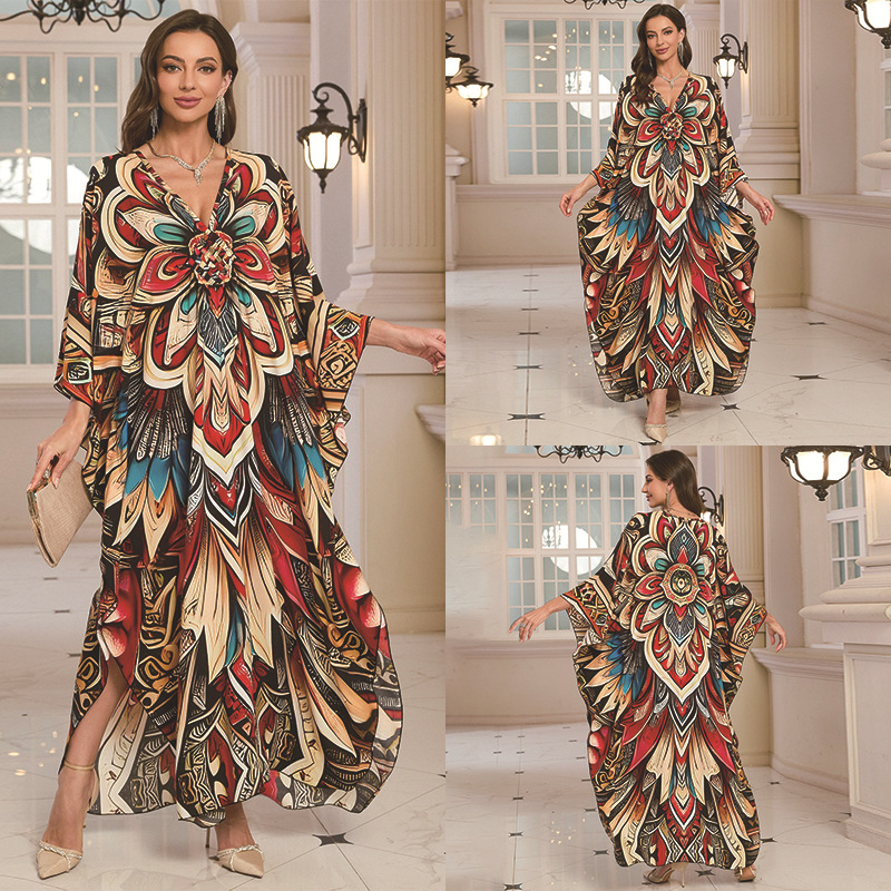 New Cotton Position Print Vacation Beach Long Dress Women Loose Long Dress Bikini Cover Up Sun Protection