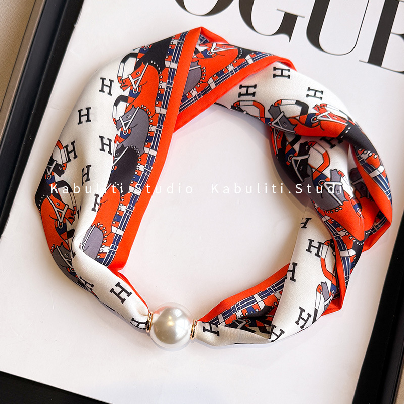 New neck protection pearl small silk scarf for women, two-piece set summer long strip magnetic buckle decorative pendant neck scarf simple wrap