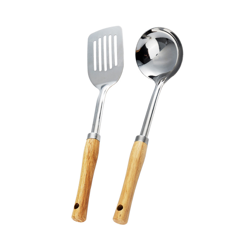 304 stainless steel spatula kitchenware set, high temperature resistant stir-fry spatula, home use, soup spoon, slotted spoon, wooden handle, kitchen supplies