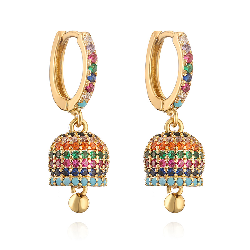 HECHENG Jewelry Copper Inlaid Colorful Diamond Bell Earrings Unique Small Bell Bell-Shaped Earrings