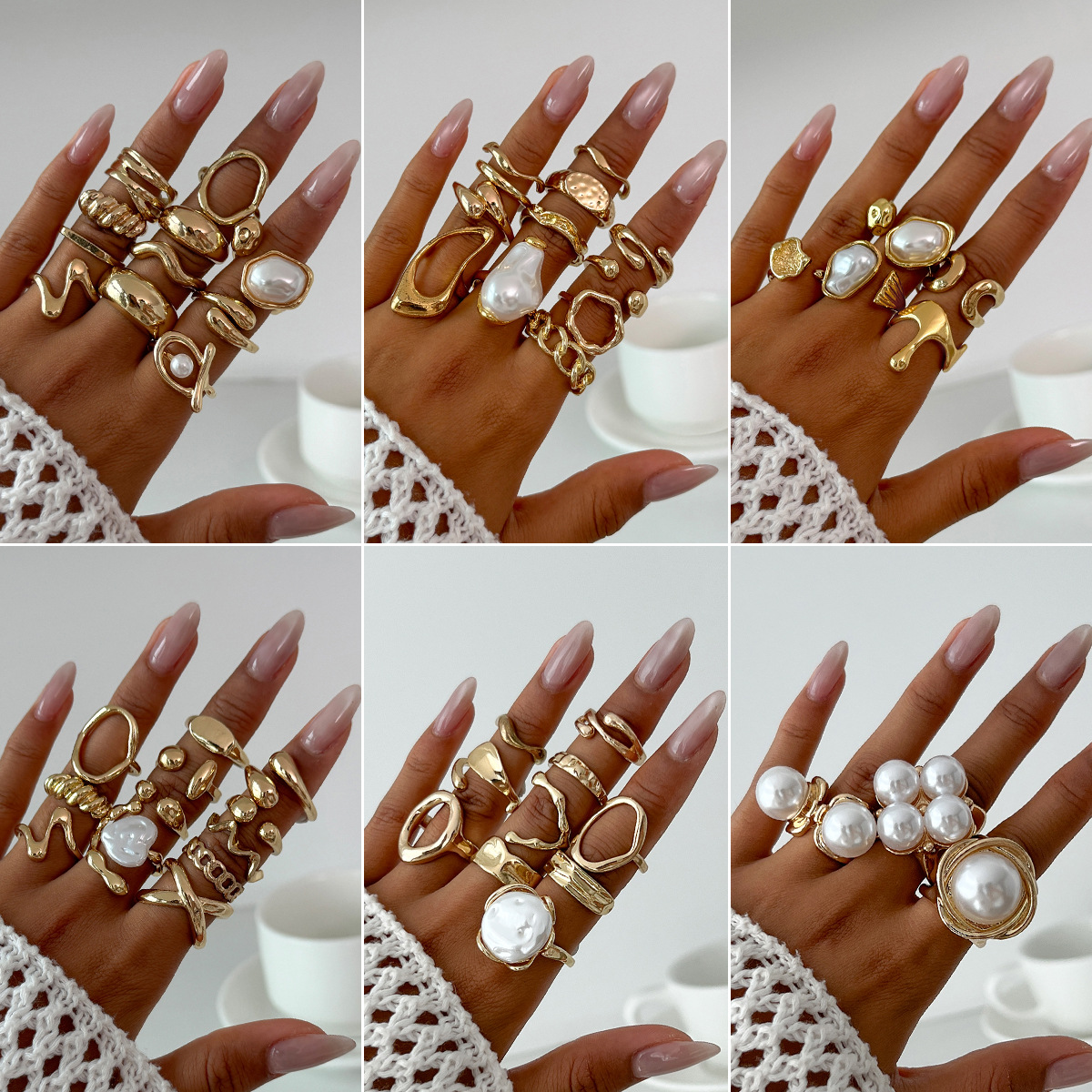 Irregular metal smooth ring for women Baroque faux pearl knuckle ring