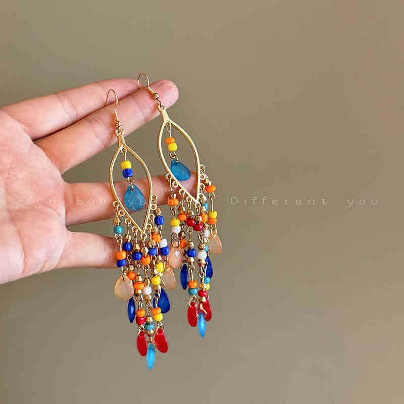 Bohemian Style Blue Feather Tassel Earrings Women Exotic Ethnic Style Earrings Exaggerated Long Ear Accessories