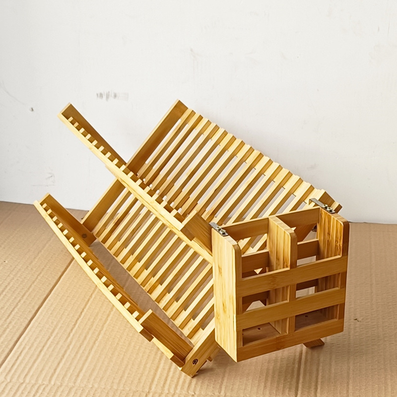 Folding draining bowl rack bamboo double-layer bowl plate rack kitchen storage rack with chopstick holder