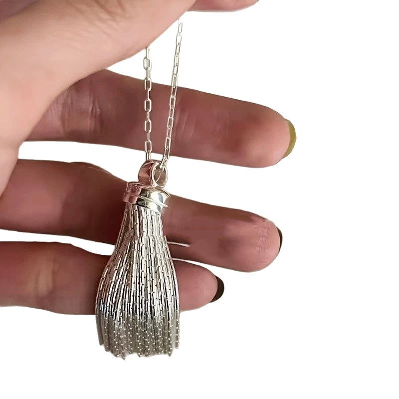 Silver tassel long necklace, heavy sweater chain