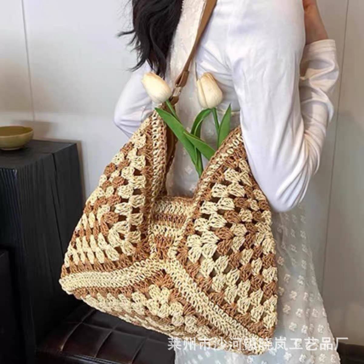 Fresh and sweet woven straw bag women's shoulder bag paper rope bag