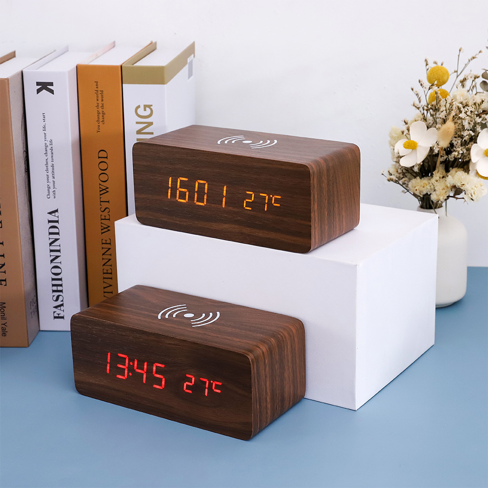 Smart LED wooden clock digital electronic alarm clock, charging clock bedside wireless charging digital wooden clock