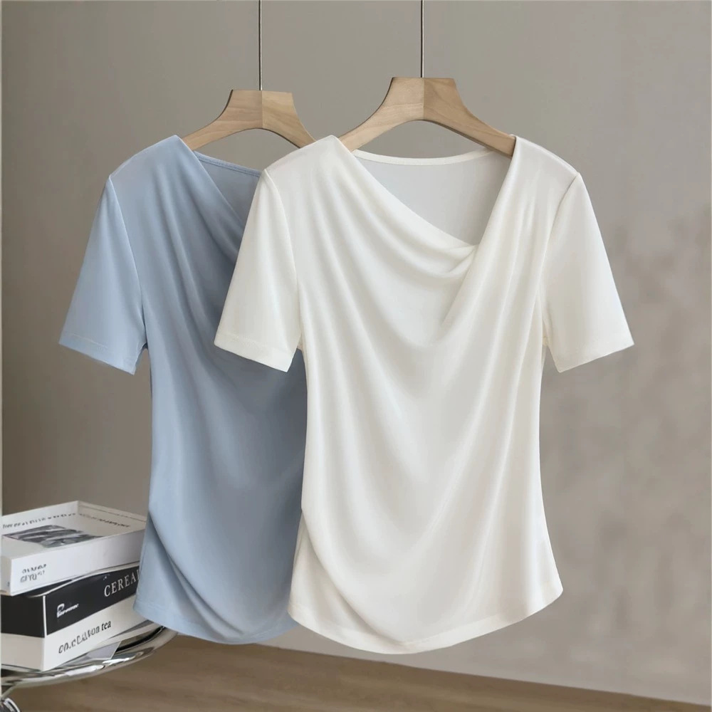 White T irregular draped collar pleated cool acetate T-shirt women summer elegant waist short-sleeve top