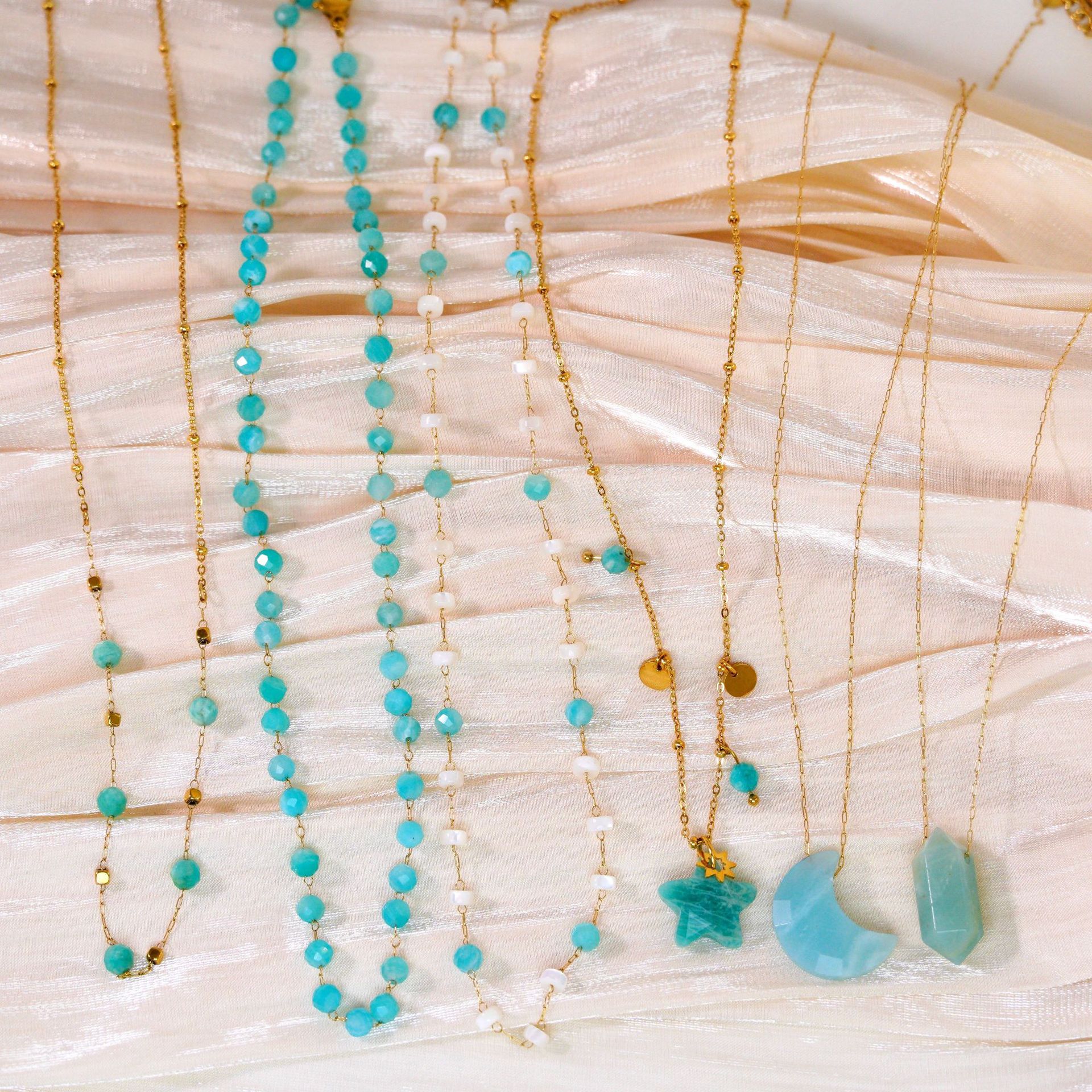 Blue Series Amazonite Stainless Steel 14K Gold Necklace Simple Handmade Necklace