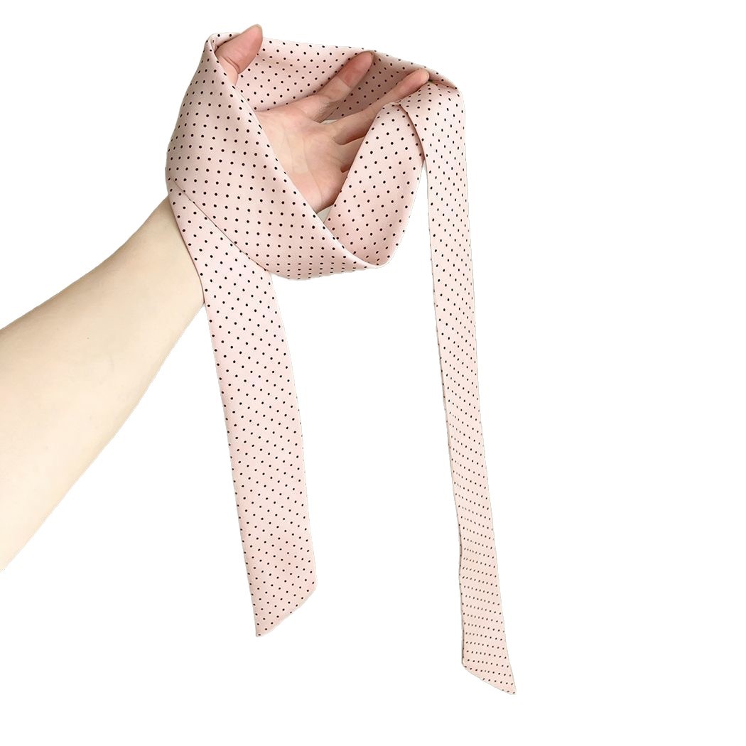Gentle pink polka dot silk scarf for women minimalist eye-catching thin necktie neck accessory floating hair tie