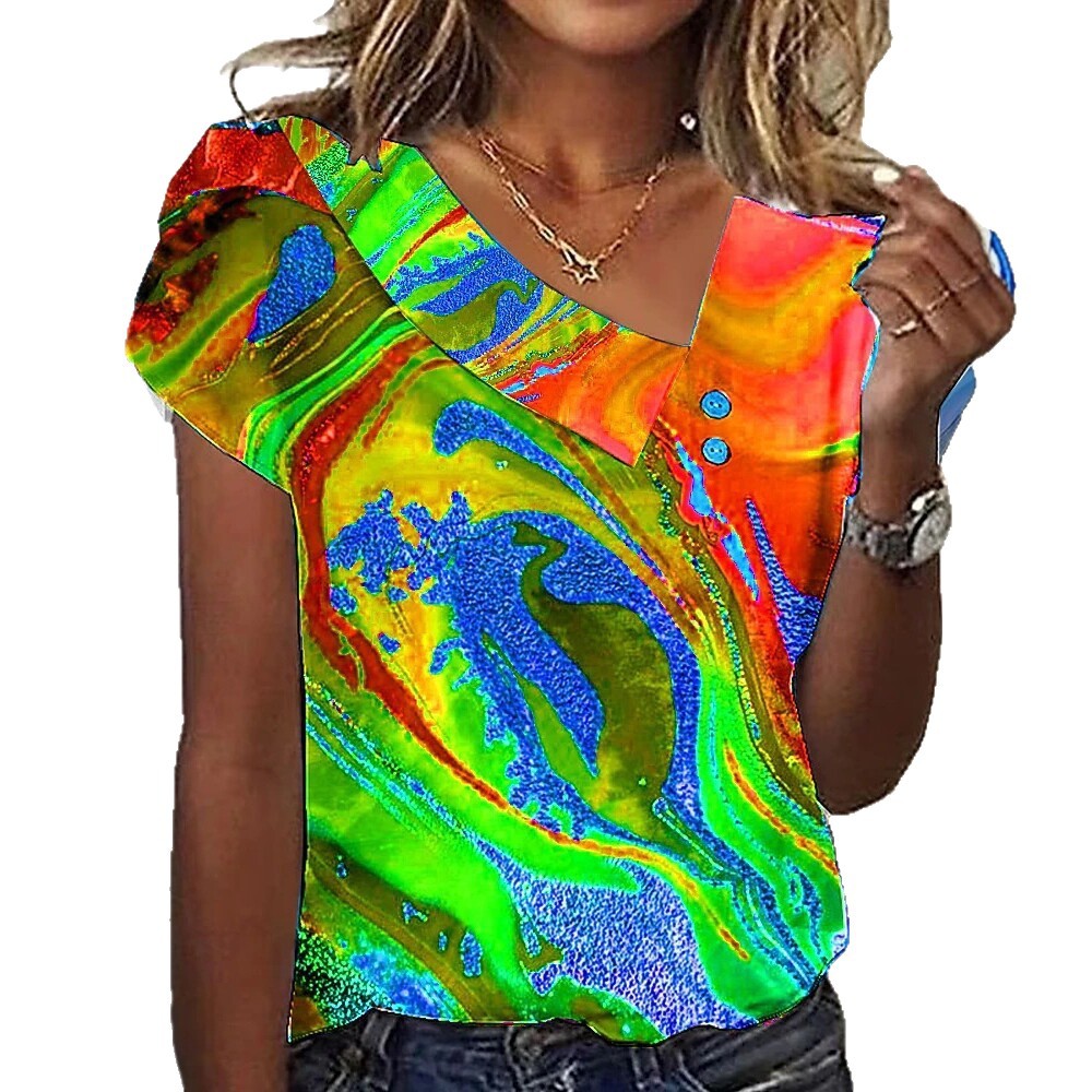 2026 New Summer V-Neck Printed Short Sleeve T-Shirt Women Loose Bubble Sleeve Casual Top