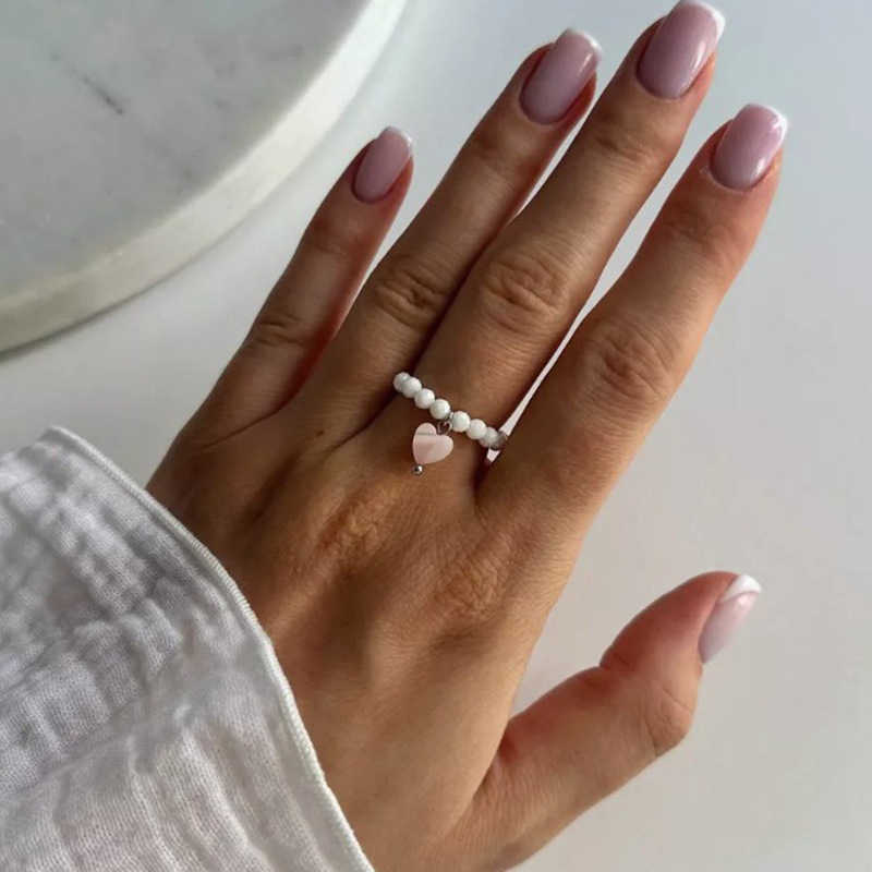 Rongshang Niche Love Heart Shell Ring Crystal Beaded Index Ring for Women Accessory