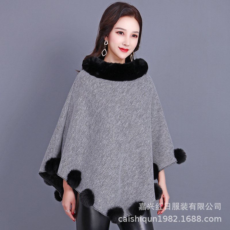 Brown Women's Coat Shawl Scarf Imitation Rabbit Fur Mid-Length Sleeveless Adult Pom Pom Winter Warm Shoulder Cape