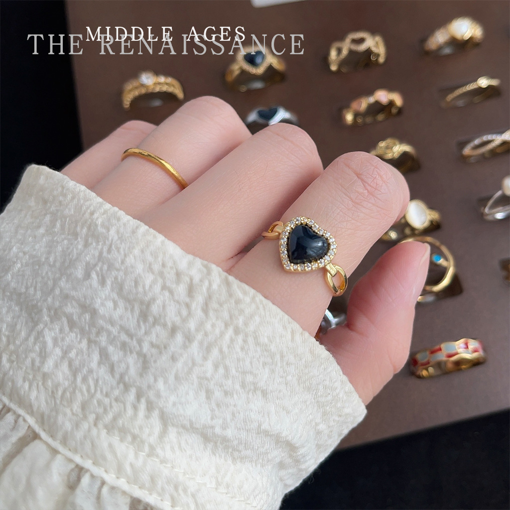 Vintage Retro Enamel Drop Zircon Ring Collection Tiger Eye Index Ring Adjustable