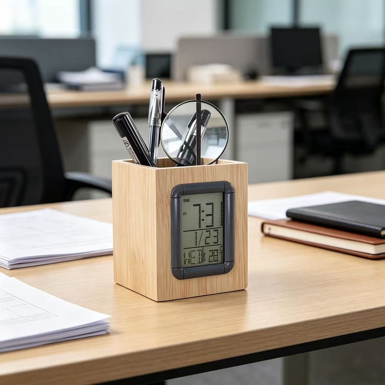 Alarm clock bamboo digital pen holder clock, snooze LED clock pen holder, student children's desktop gift clock