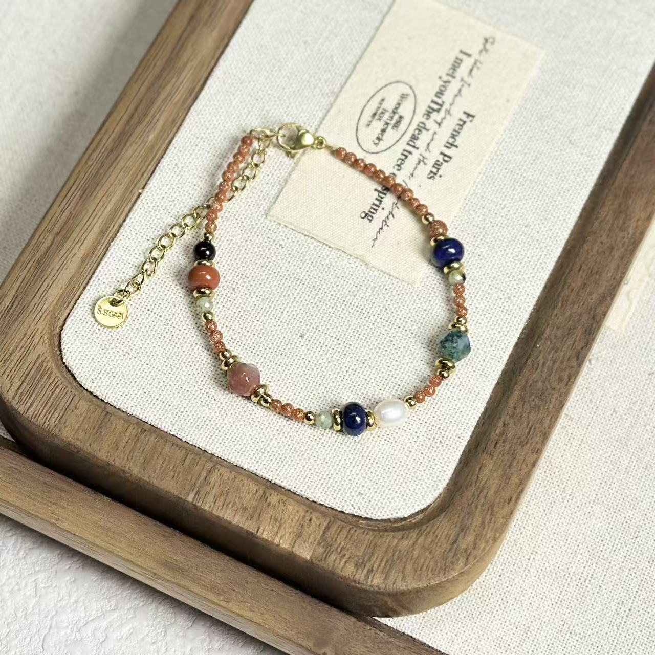 New Chinese Style Ethnic Lapis Lazuli Freshwater Pearl Bracelet Dunhuang Yellow Stone Red Agate Beaded Bracelet Titanium Steel