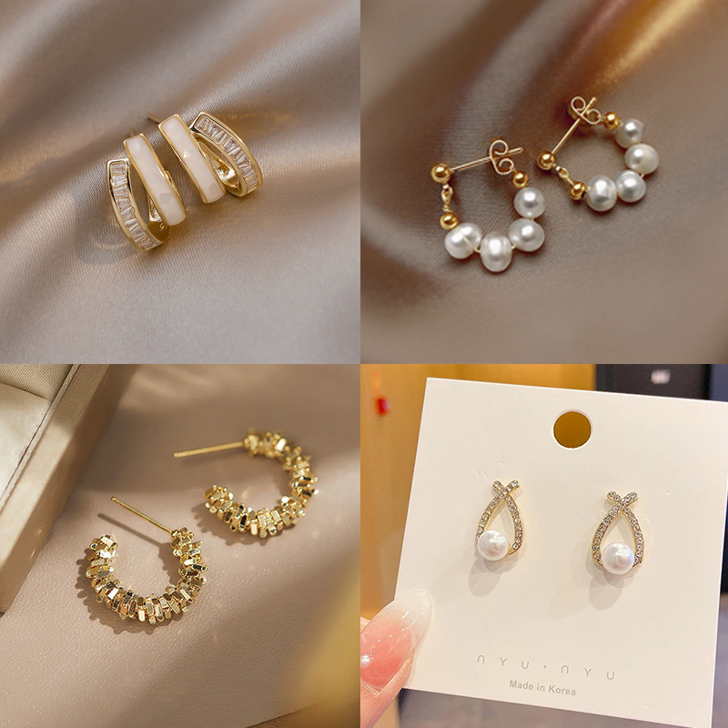 S925 silver needle beautiful pearl bow girl ear studs geometric earrings new ear accessories women