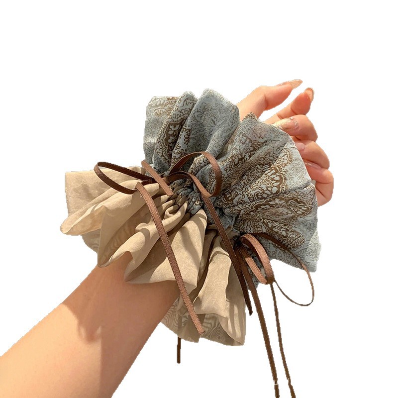 Heavy craft brown bow large hair scrunchie for women super texture ponytail bun hair tie elastic