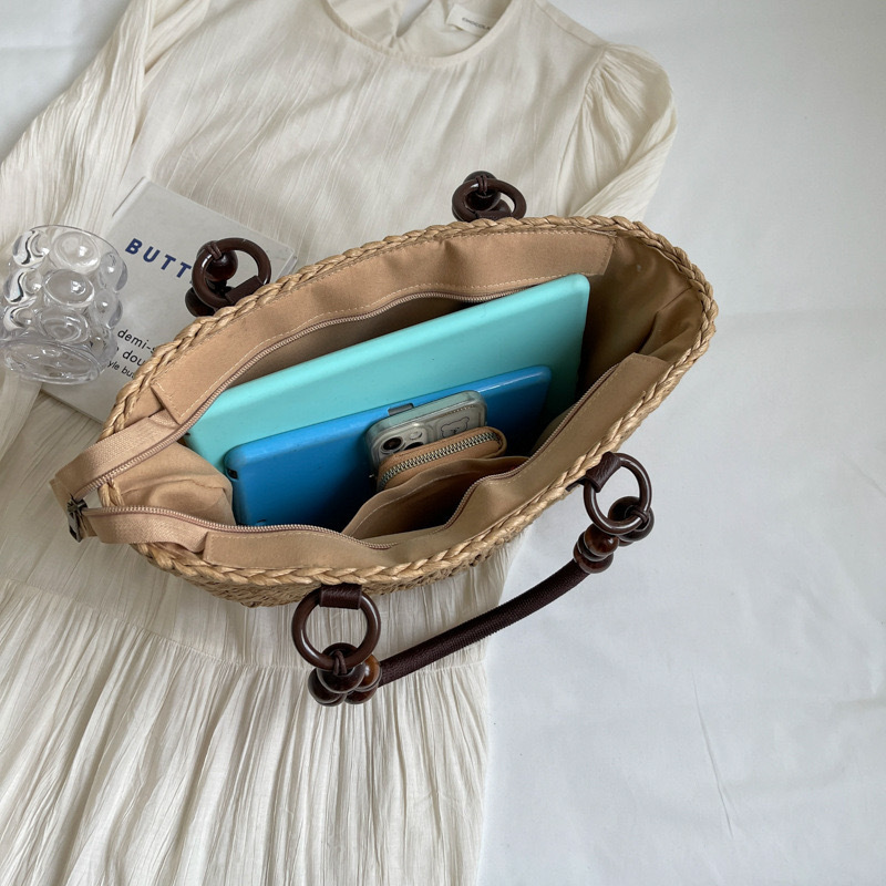 Wood Bead Handheld Straw Bag Handwoven Bag Large Capacity Tote Bag Women's Single Shoulder Basket Vacation Beach Bag
