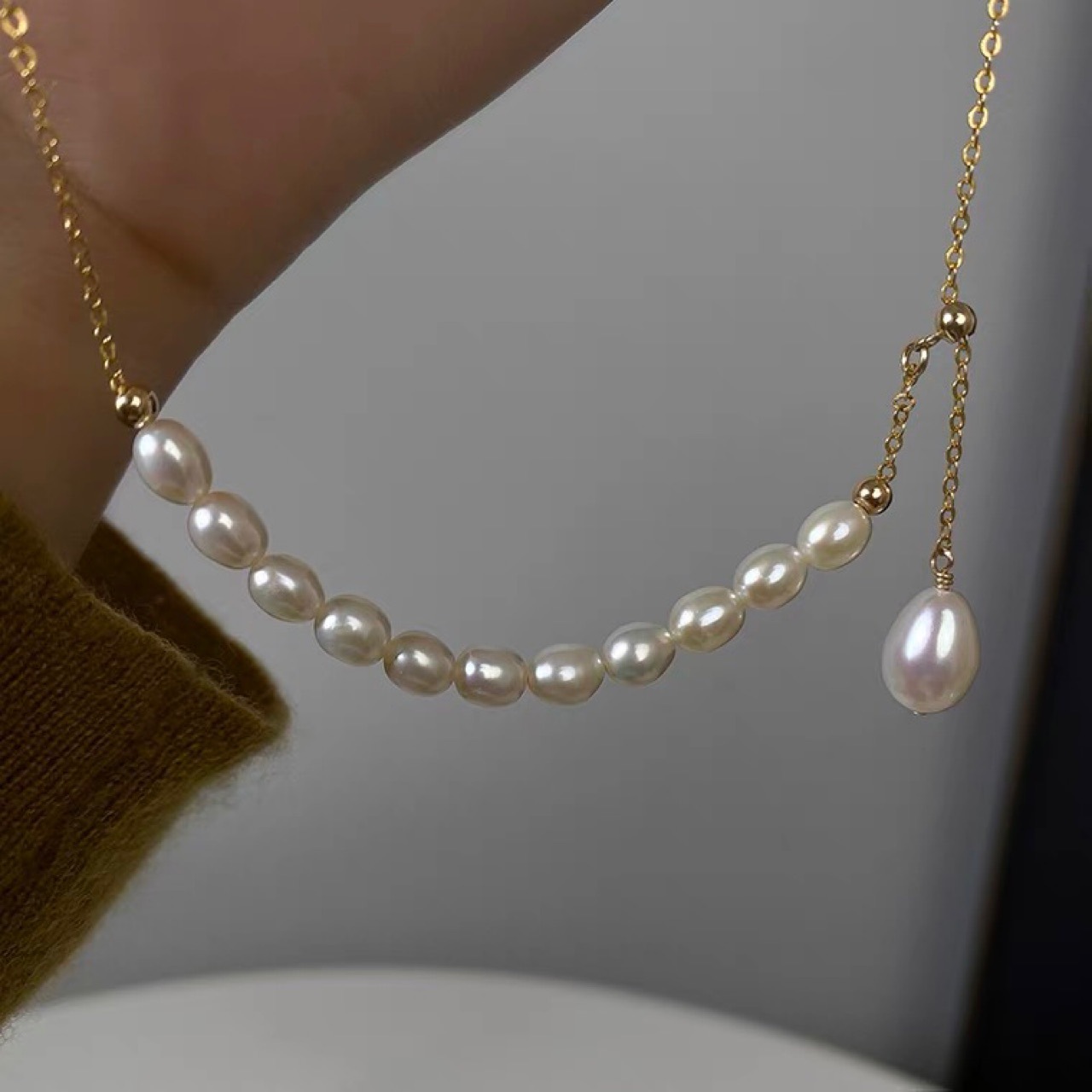 Natural bright freshwater pearl 14K gold-filled necklace adjustable锁骨链 niche gift for women
