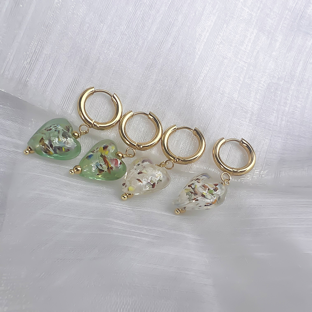Stainless steel palace girl style gold foil colored琉璃 heart earrings gorgeous style earrings