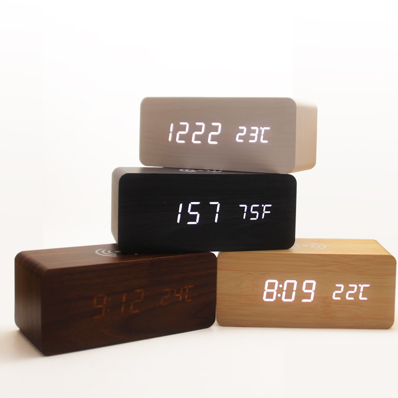 Wireless Charging Alarm Clock Multifunctional Smart LED Electronic Clock Simple Wooden Clock Silent Night Light Clock