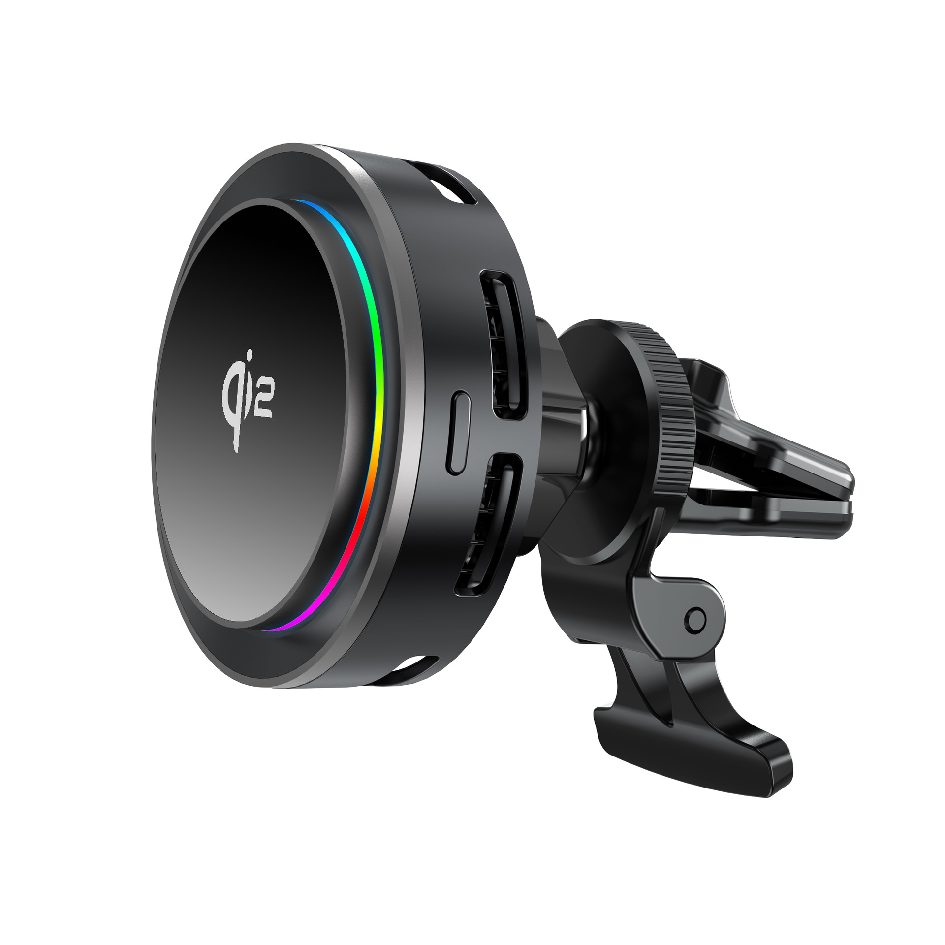 KC semiconductor cooling fan 15W Qi2 magnetic wireless car charger with RGB light button control