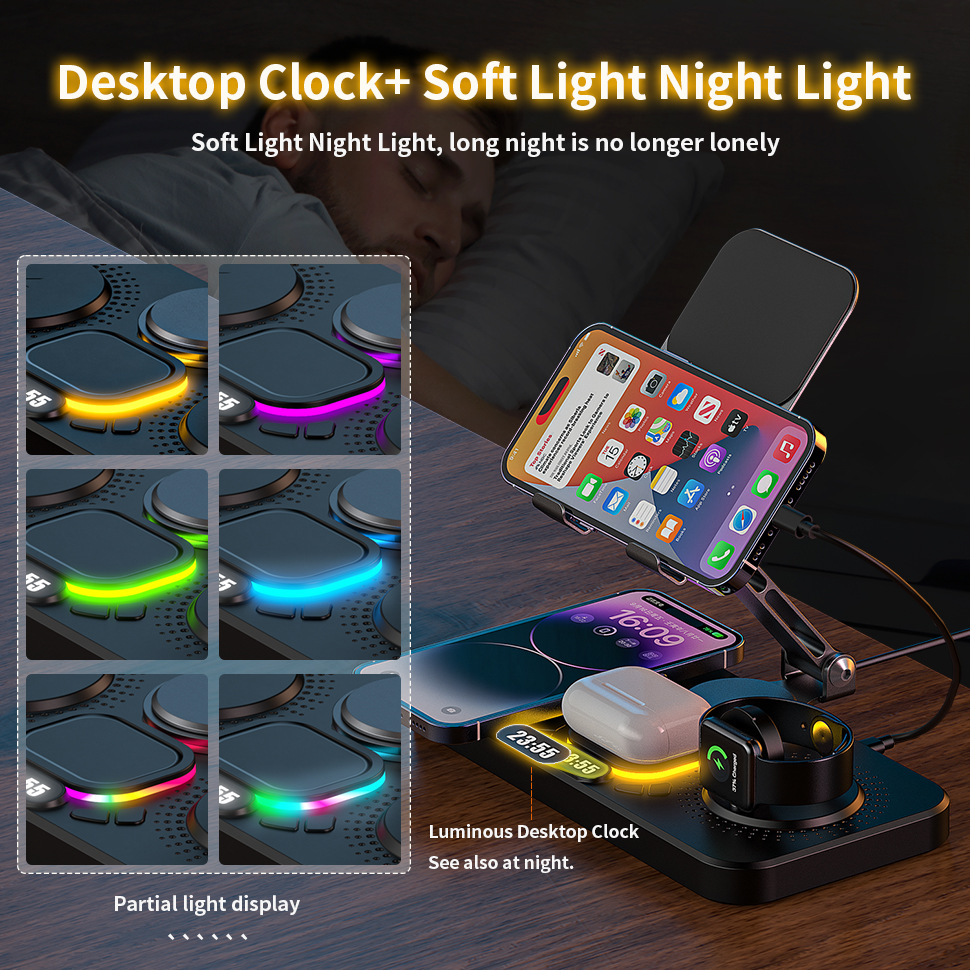New wireless charger supports phone watch earphone charging clock colorful lights flat stand foldable