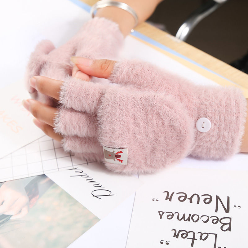 Imitation Mink Fur Gloves Women Autumn Winter New Warm Anti-Cold Fleece-Lined Thickened Outdoor Flip-Top Magic Gloves