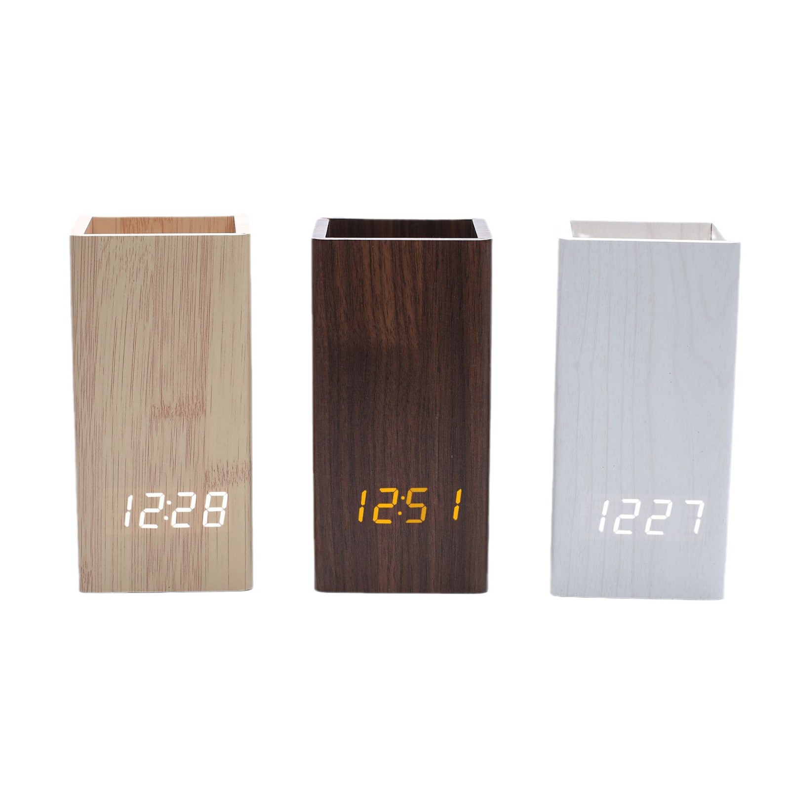 Simple home office pen holder wooden clock, wooden home pen holder alarm clock, factory direct sale