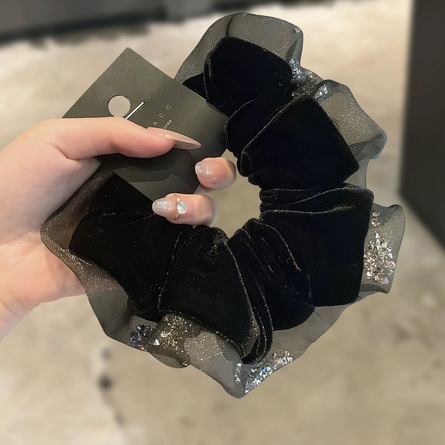 45#黑色丝绒水钻网纱花边拼接发圈约17cm