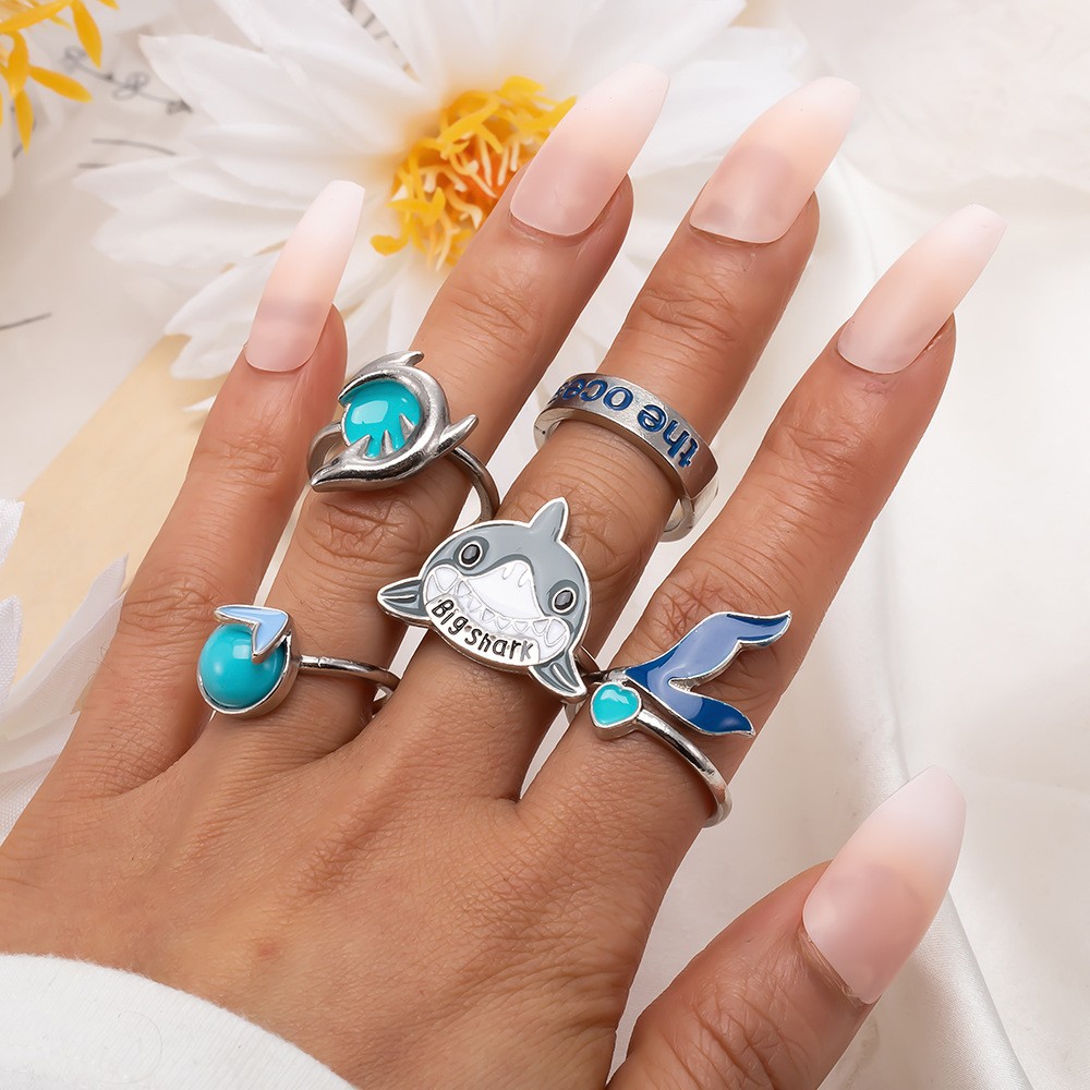 Ethnic Style Turquoise Carved Feather Ring 8-Piece Combination Ring Set