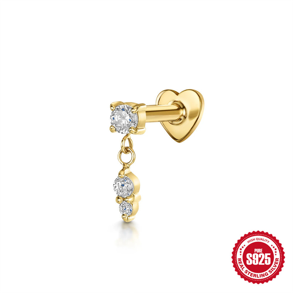 S925 sterling silver tassel chain diamond-set heart flat head threaded ear bone studs women's ear accessories