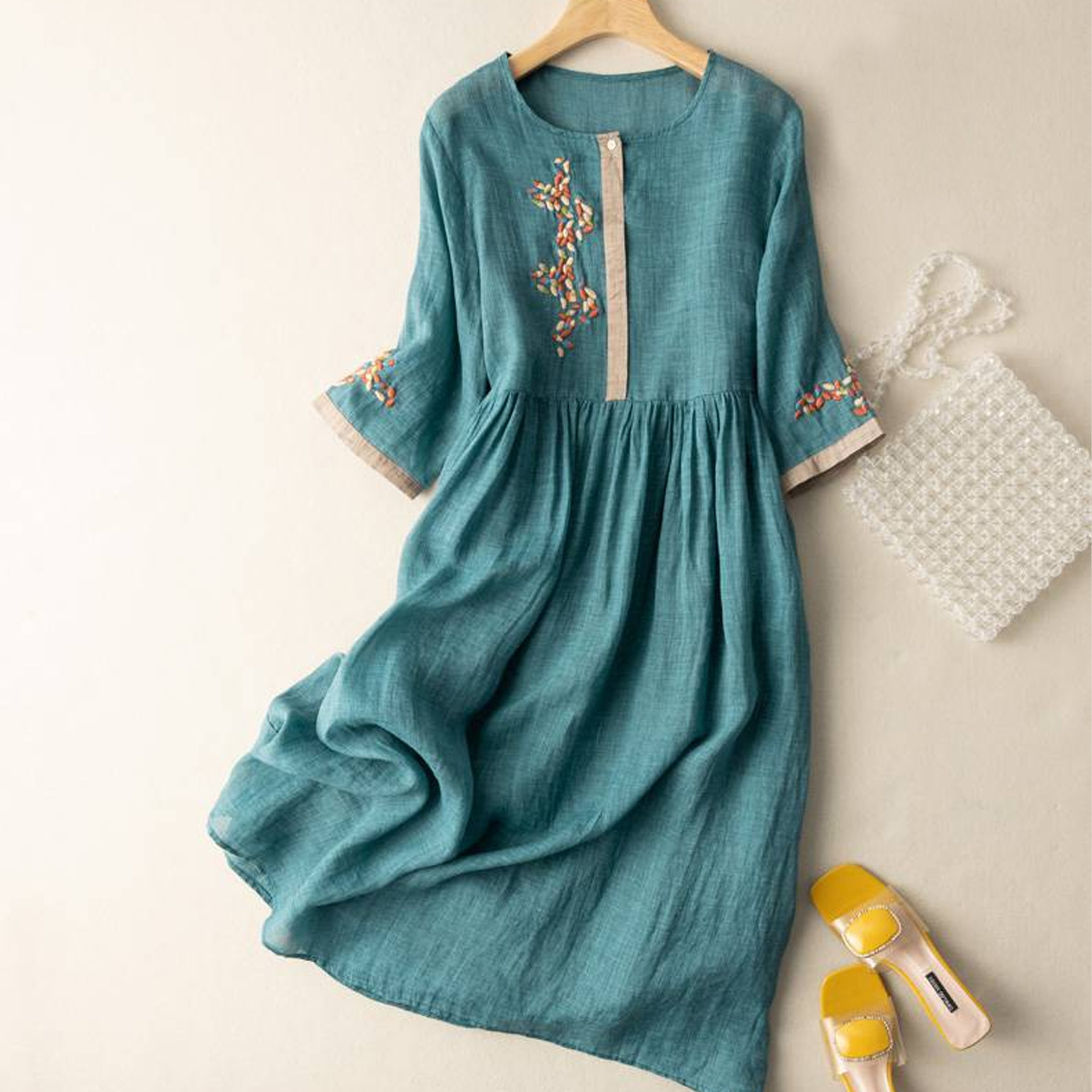 New Chinese style cotton-linen seven-point sleeve dress ethnic style summer loose middle-aged dress long dress