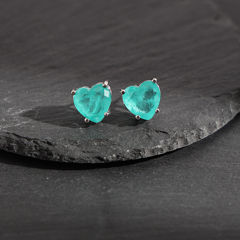 Heart Paraiba Patchwork Gemstone Ear Clip Design Simple S925 Needle Emerald Green Ear Studs No Piercing Ear Jewelry