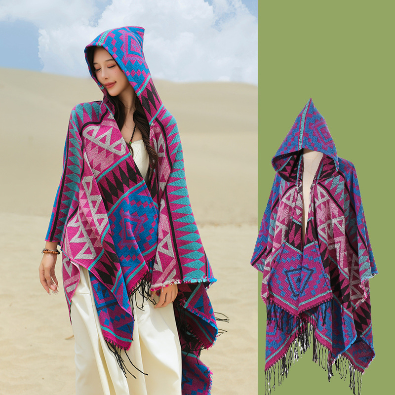 Sichuan Tibet Bohemian Photo Knit Shawl Scenic Area Hooded Scarf Cape Yunnan Cape Shawl Women