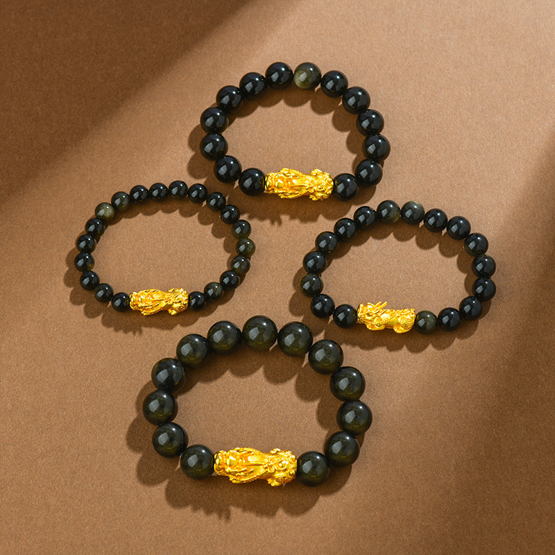 Natural Obsidian Sand Gold Pixiu Bracelet Money Beads Unisex Couple Bracelet Copper Plated Leather