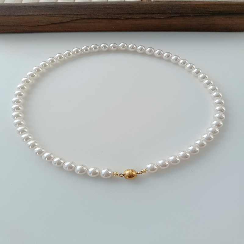 Japanese round strong light imitation pearl necklace for women collarbone chain sterling silver buckle simple magnetic clasp neck chain