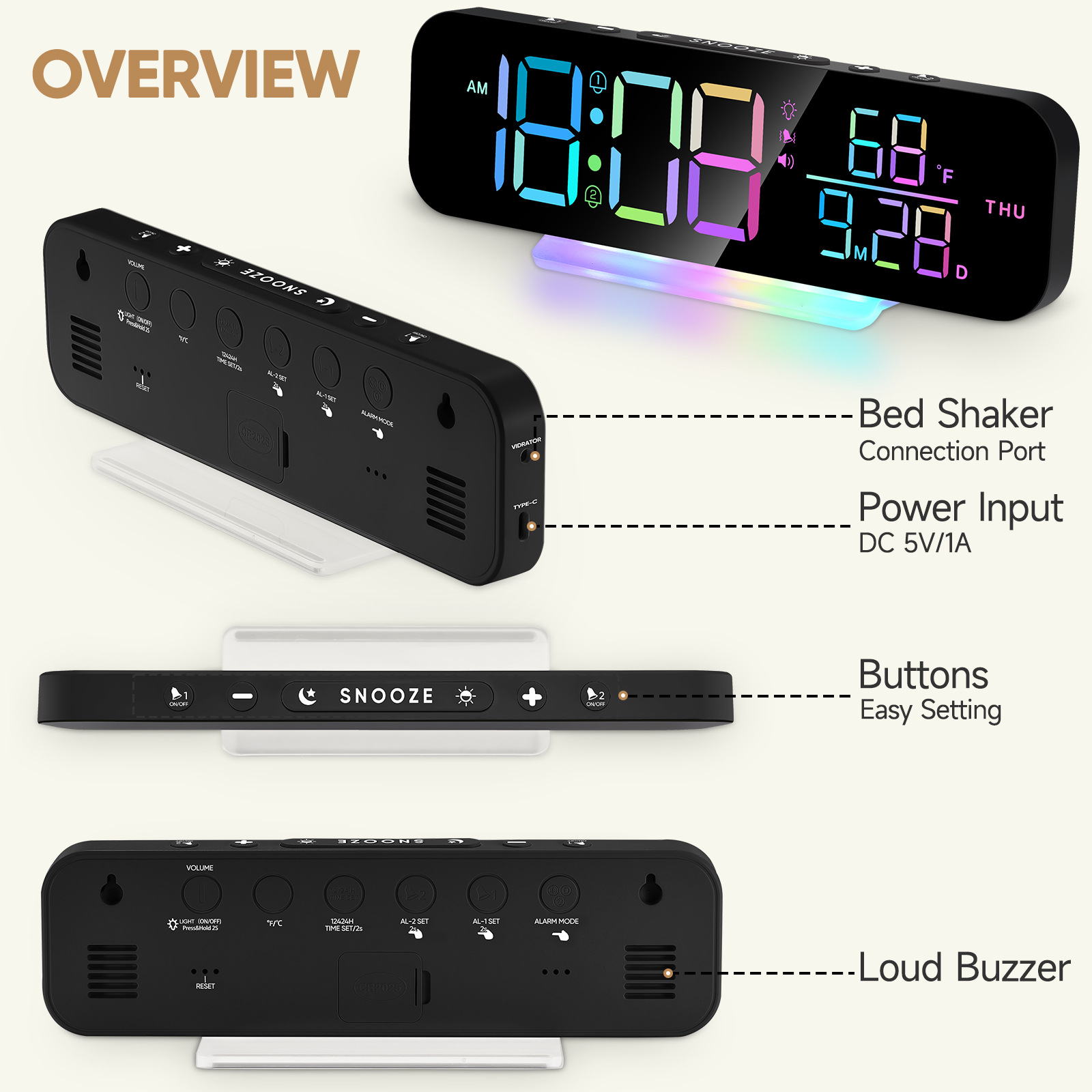 New Colorful Vibrating Electronic Clock Vibrating Alarm Clock for Deaf People Perpetual Calendar Wall Clock Living Room Large Screen Digital Display Table Clock