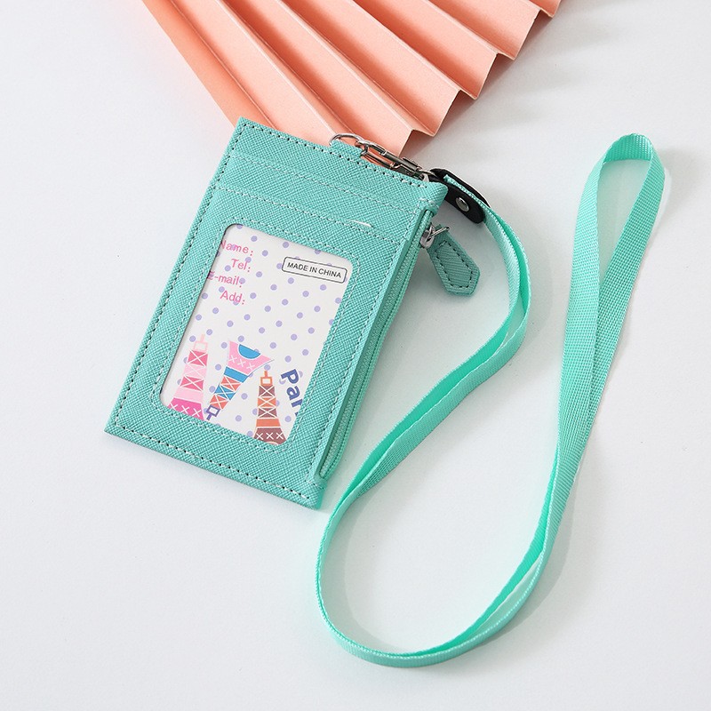 PU leather card holder with lanyard men and women card sleeve neck card holder card case coin purse multi-card slot simple card holder