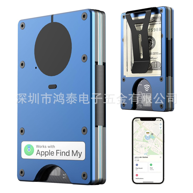 AirTag metal money clip with built-in Apple Airtag chip, trackable wallet, supports RFID blocking function