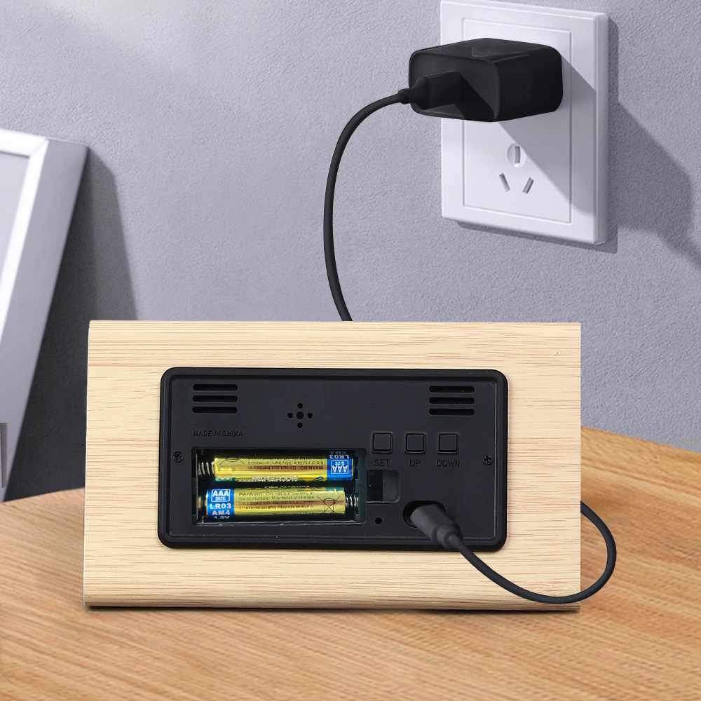 Nordic LED wooden clock, wood grain clock, silent night light living room bedroom bedside digital alarm clock