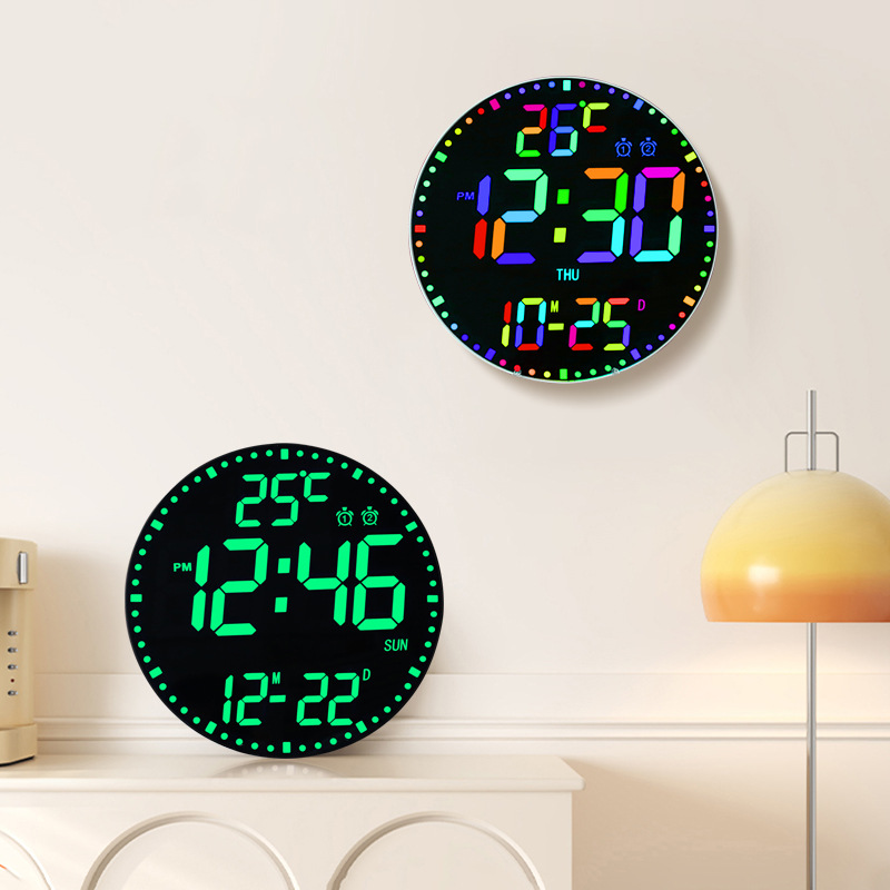 12-inch RGB colorful LED wall clock, simple living room clock, home use, remote control, timer, night light electronic clock
