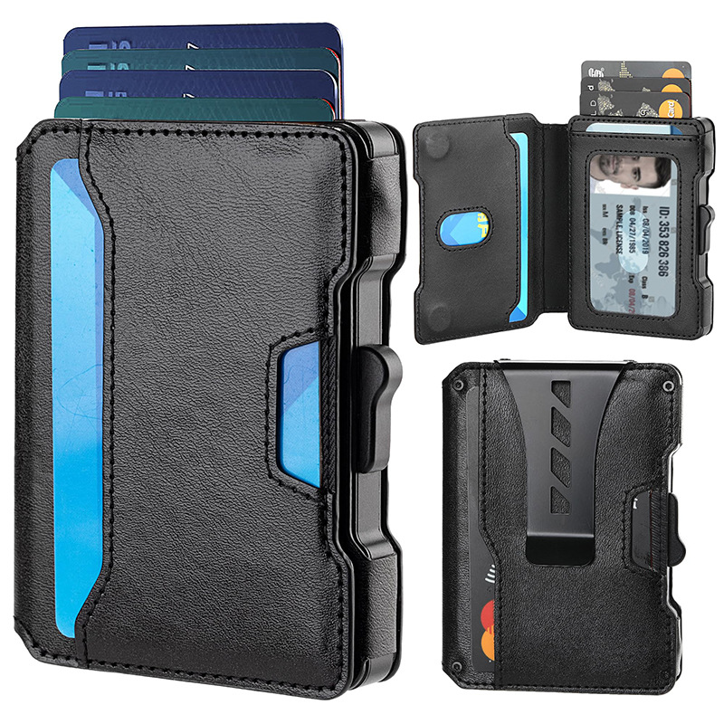 One-click Pop-up Metal Card Holder Multi-card Slot Men's Genuine Leather Wallet with RFID Anti-theft Function