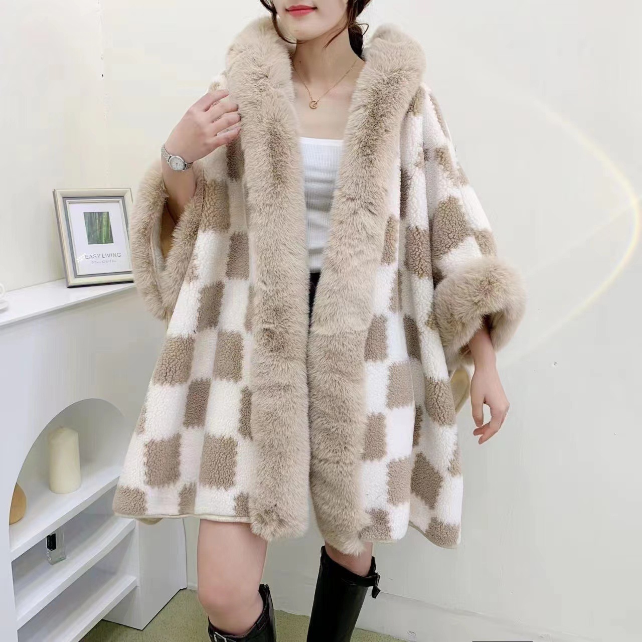 Live Loose Shawl Women 2023 Autumn Winter Cape Thickened Imitation Sheep Fur Collar Hooded Coat