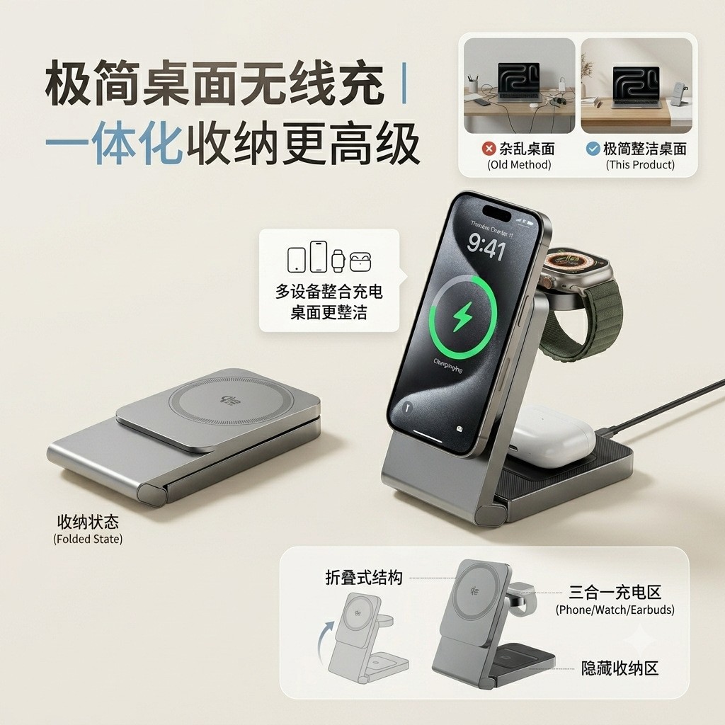 Industry First 25W Sliding Foldable QI2.2 3-in-1 Magnetic Wireless Charger Bracket Suitable for Apple Phones