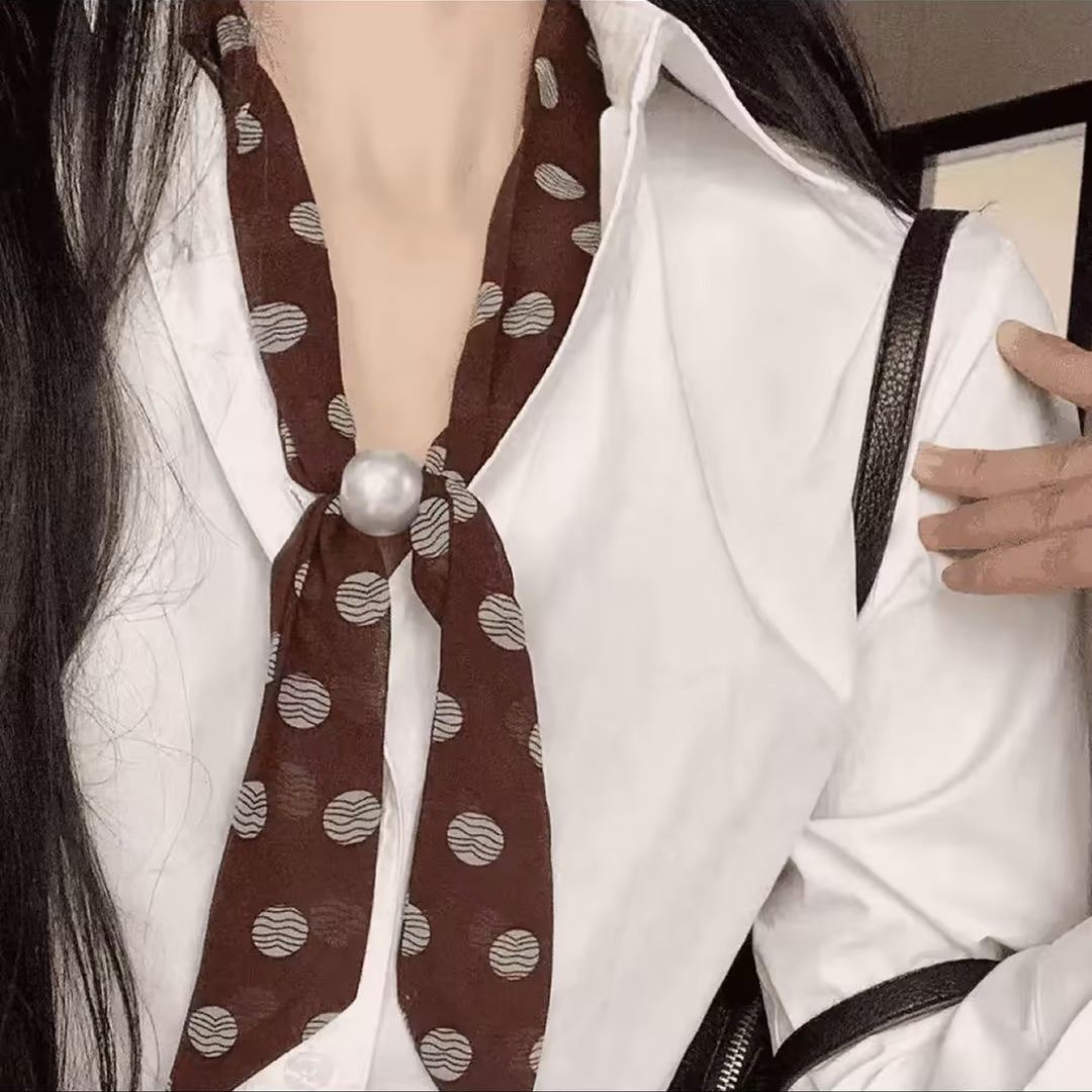 15#森系焦糖棕波纹斑点领巾抽拉珍珠扣4*120cm