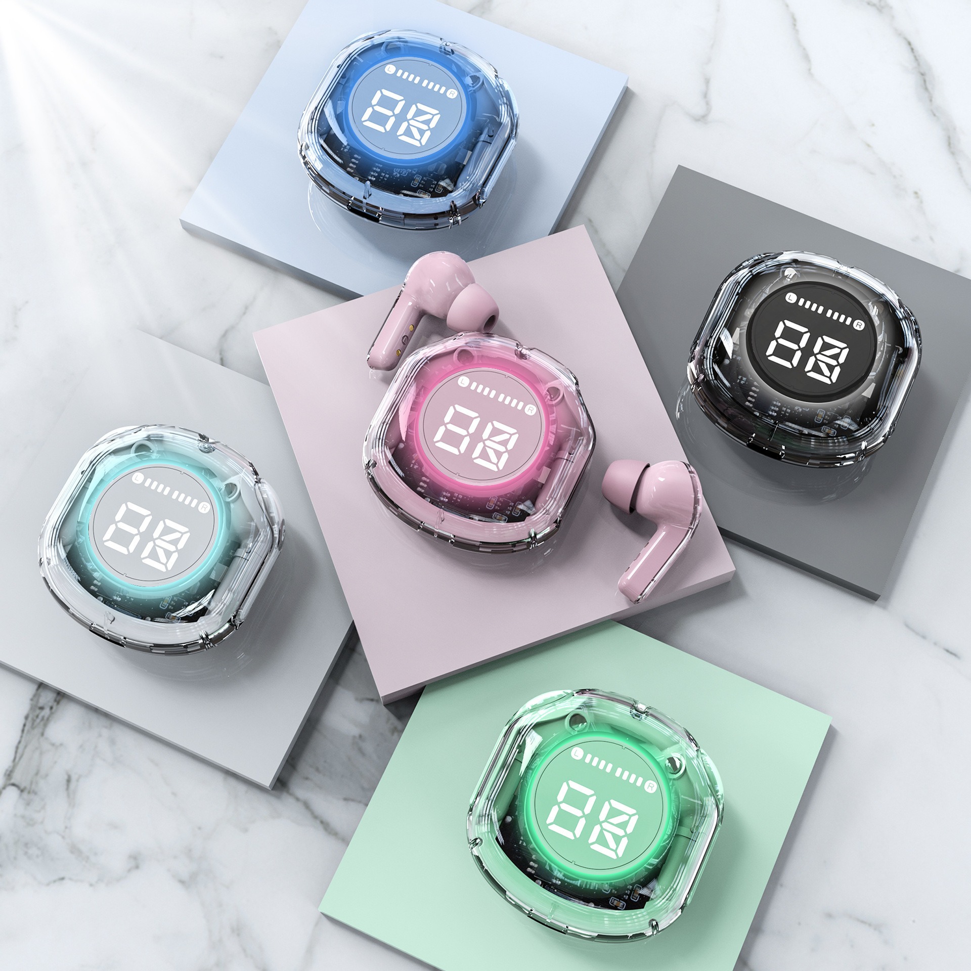 Colorful Crystal Armor Cabin Wireless Bluetooth Earphones HK6 Smart Noise Reduction Touch Dual Master Digital Display TWS