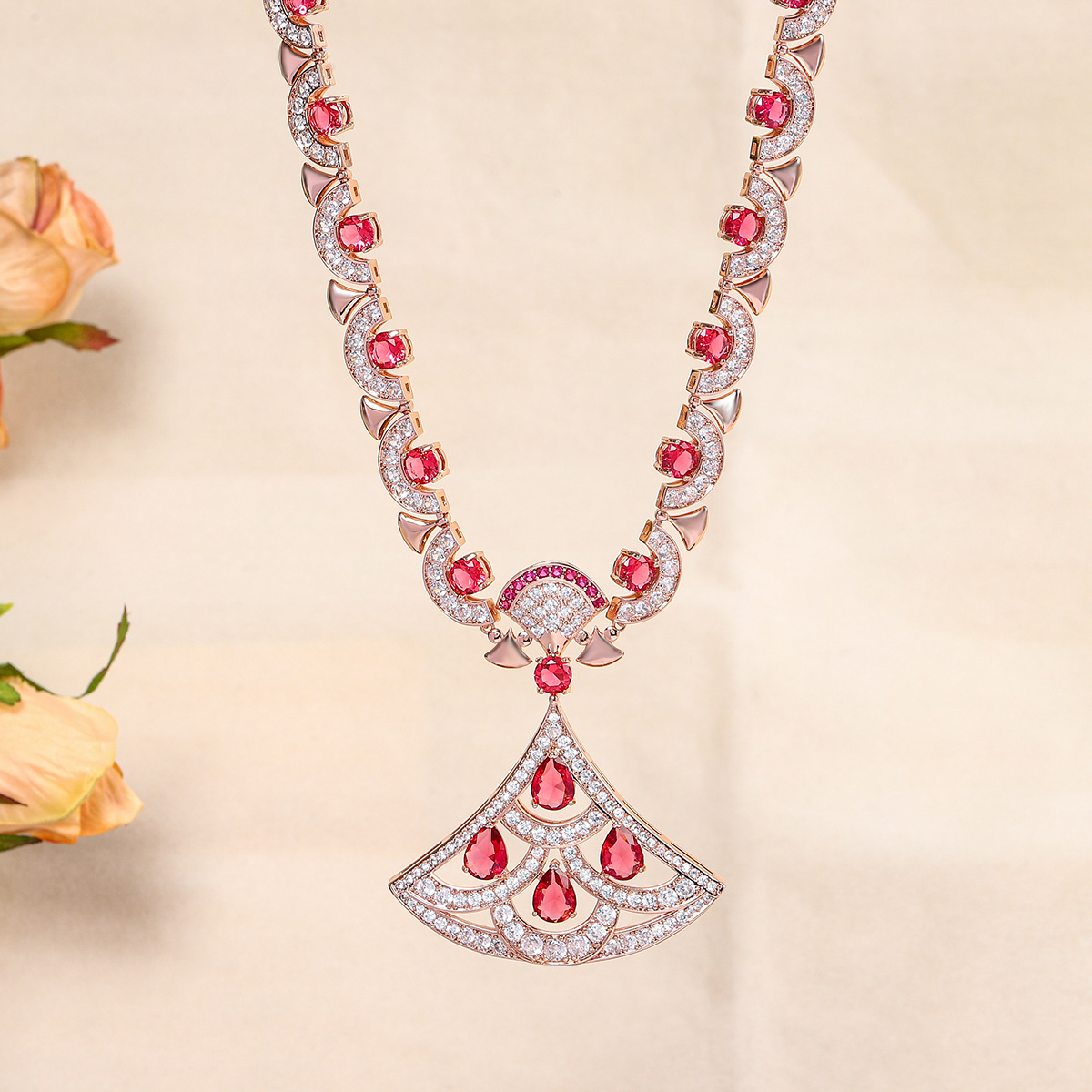 New large fan shape design set micro-set zircon elegant necklace