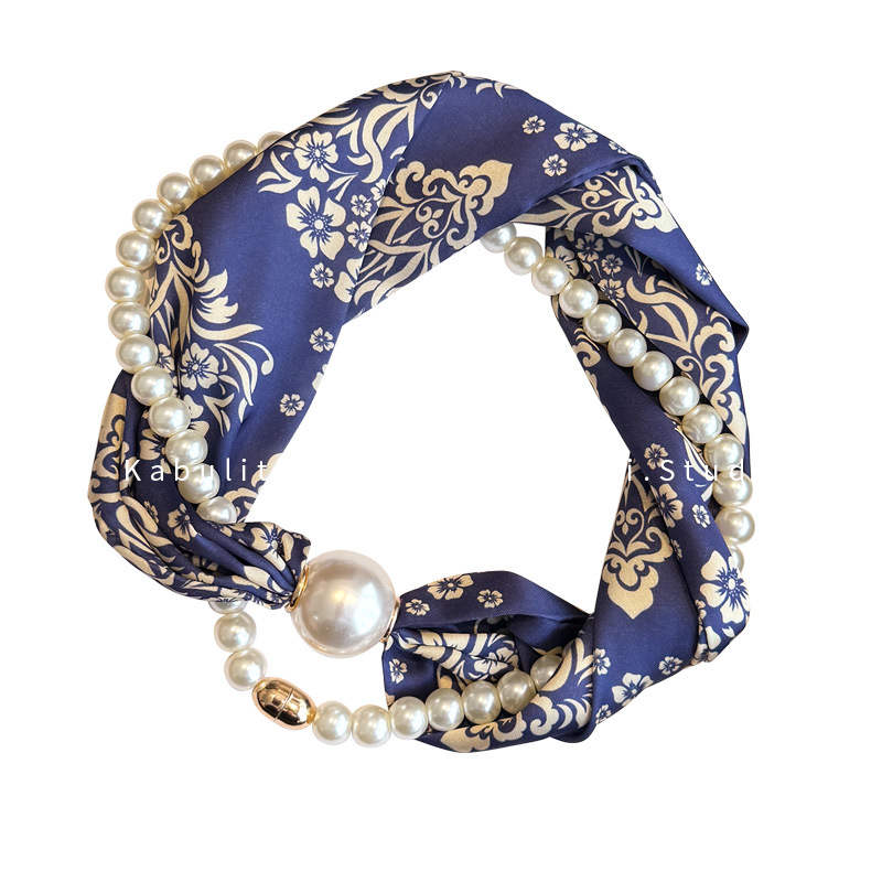 Magnetic buckle pearl necklace narrow small long strip silk scarf women neck protection matching shirt neck scarf gauze scarf thin scarf