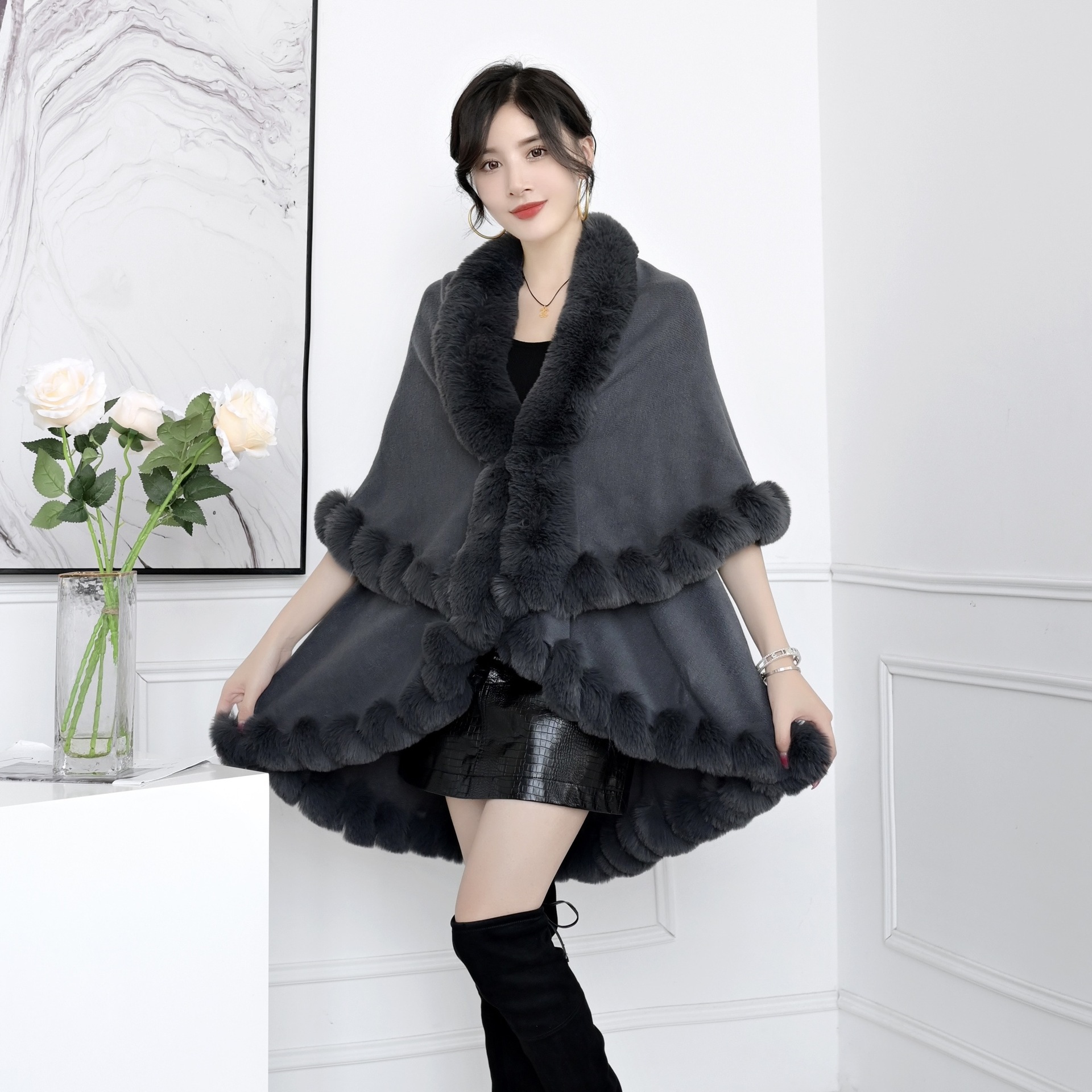 Live Supply Autumn Winter New Imitation Rex Rabbit Fur Collar Cape Shawl Plus Size Knitted Cardigan Loose Coat Women